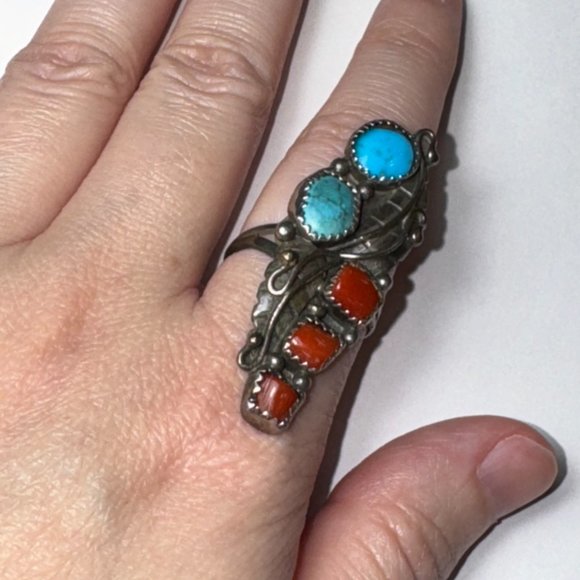 Sterling Silver Turquoise And Coral Ring, Size 9 - Picture 14 of 14